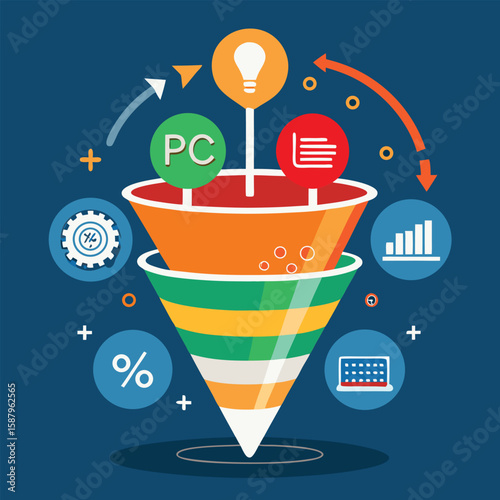 Illustrative marketing and sales funnel concept with key performance indicators and maslow's hierarchy elements for business development.