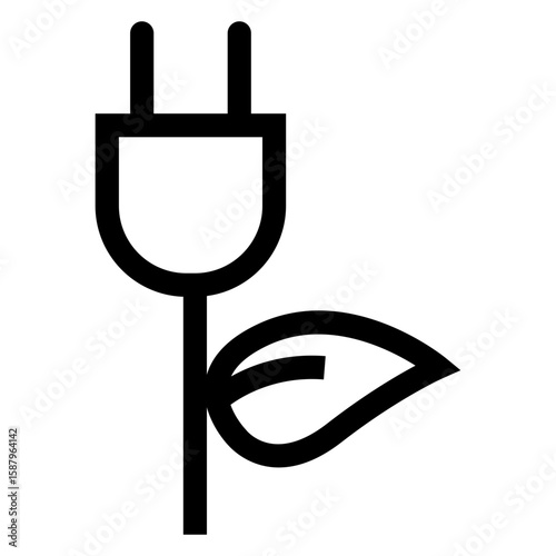 Logo energía renovable. Icono enchufe eléctrico con cable y hoja de planta con líneas