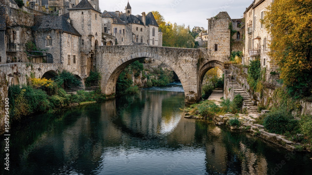 Fototapeta premium Stone bridge over tranquil river, quaint European village