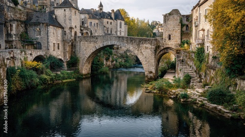 Stone bridge over tranquil river, quaint European village