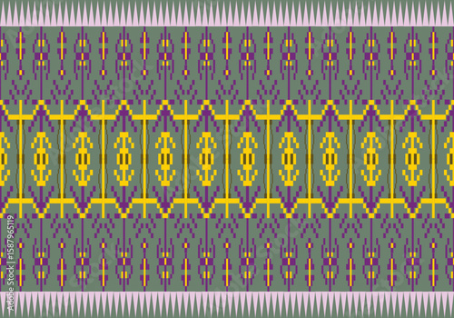 Seamless pixel fabric pattern combines yellow, purple, and green in a symmetrical, ornate layout. The visual rhythm and ornamental shapes reflect a vibrant cultural and artistic heritage.