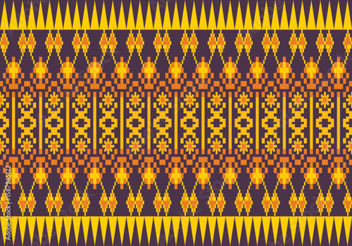 Seamless pixel fabric pattern combines yellow tones and deep purple background in  symmetrical, ornate layout. The visual rhythm and ornamental shapes reflect a vibrant cultural and artistic heritage.