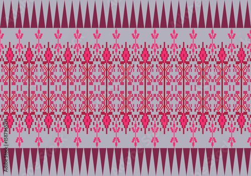 Seamless pixel fabric pattern combines red tones and grey background in a symmetrical, ornate layout. The visual rhythm and ornamental shapes reflect a vibrant cultural and artistic heritage.