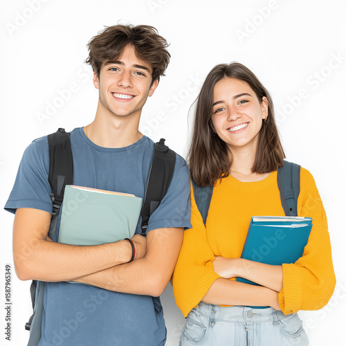 Smiling students holding books against white background
