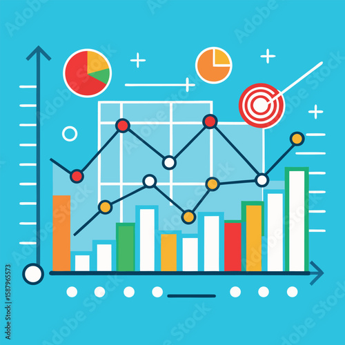 Visual representation of business data analysis with charts graphs pie chart and target indicating success and growth prospects