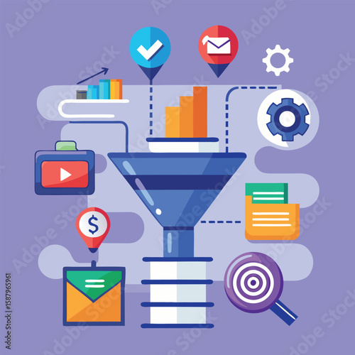 Visual representation of the marketing funnel concept incorporating diverse digital marketing tools and showcasing a customer journey from awareness to conversion