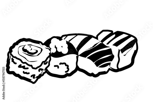 line drawing of sushi ,rolls set on white background 