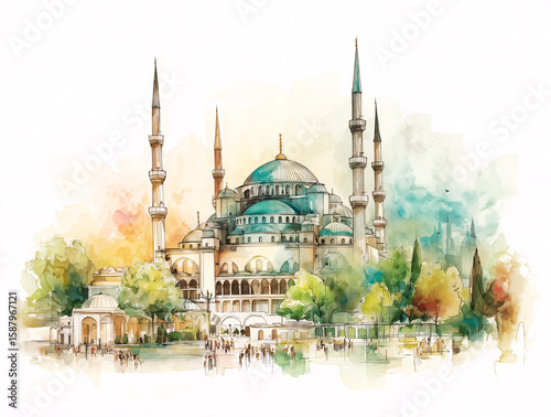 Colorful watercolor of Blue Mosque in spring