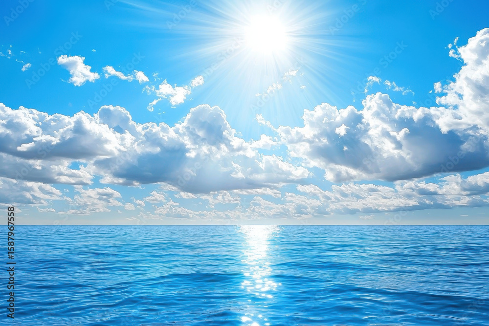 Obraz premium Bright sunlight reflects on calm ocean waters, creating serene and peaceful atmosphere with fluffy clouds in sky