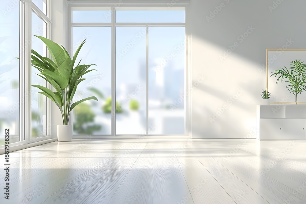 Fototapeta premium Bright Minimalist Room Interior Design: Sunlight Streaming Through Large Windows