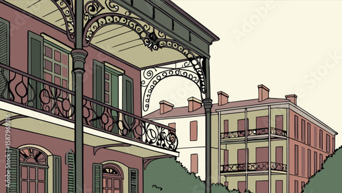 New orleans architecture illustration of historic buildings with wrought iron balconies and shutters design