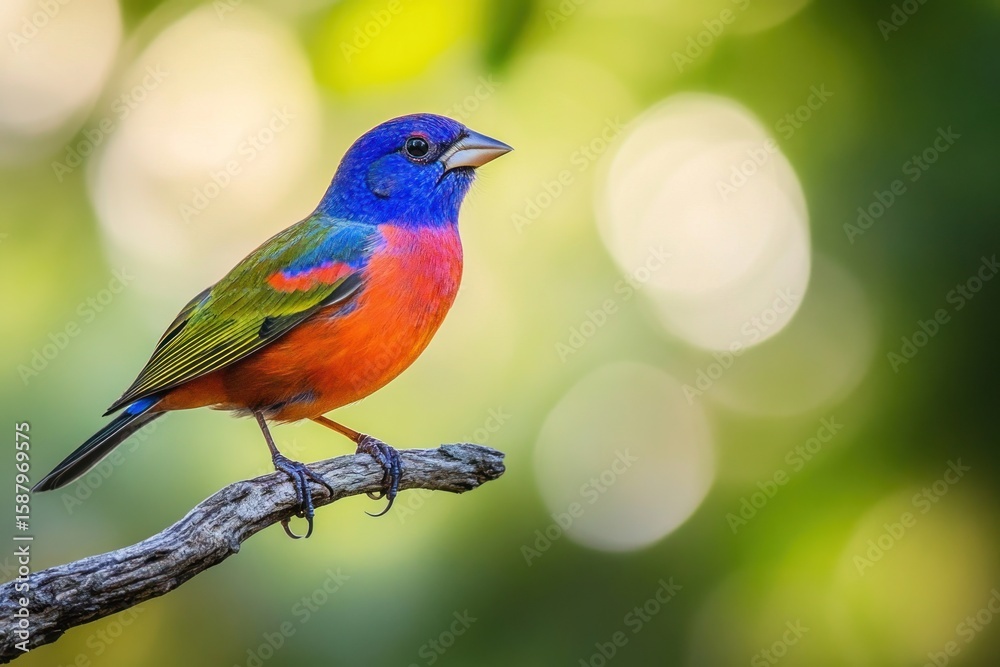 Vivid painted bunting bird in profile, perched calmly, soft bokeh forest backdrop Vivid painted bunting bird in profile, perched calmly, soft bokeh forest backdrop