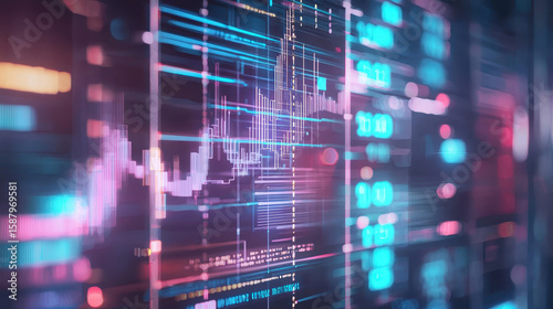 Futuristic digital interface with vibrant colors and data visualization elements, showcasing advanced technology and analytics