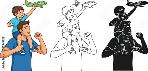 A father carries his child on his shoulders playing with a toy airplane showing love.