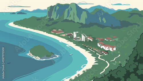 Aerial view of tropical island resort with beach and mountains for travel and vacation planning guide