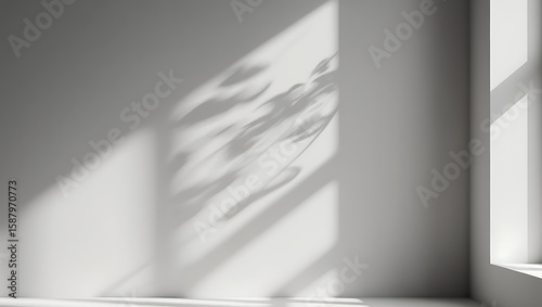 Modern interior design of an empty white room with a window, featuring soft light and a gray wall texture, perfect for a blank backdrop illustration or business surface