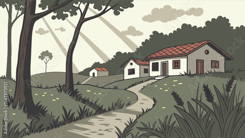 Rural landscape illustration of houses in nature with trees and sunlight vector background art