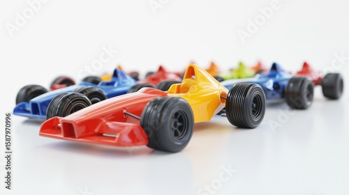 3d render lineup of toy race cars on white background
