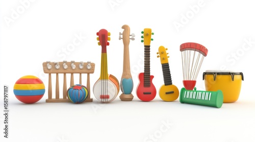 3d render lineup of toy musical instruments on white background