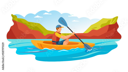 Kayak adventure on the water with mountains and clouds in the background for outdoor recreation fun time