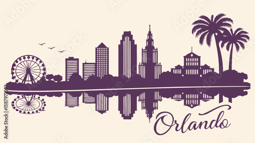 Orlando florida skyline silhouette vector illustration with palm trees and reflection for travel design