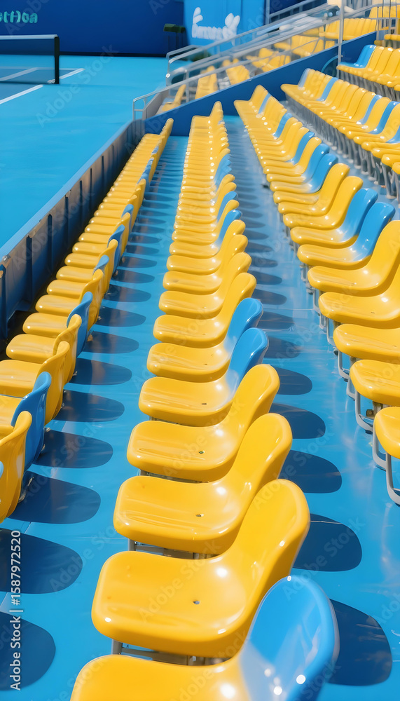 Obraz premium Close-up symmetrical view of vibrant blue and yellow tennis court seating, emphasizing clean design and sunlight reflections. 