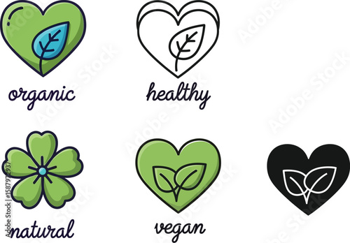 Icons showcase healthy, organic, vegan, and natural products for conscious consumers.