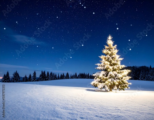Illuminated Christmas tree in snowy landscape under a starry night sky