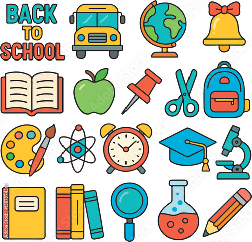 Colorful Back to School Vector Icons Set, Education, Stationery, Learning, Classroom Elements