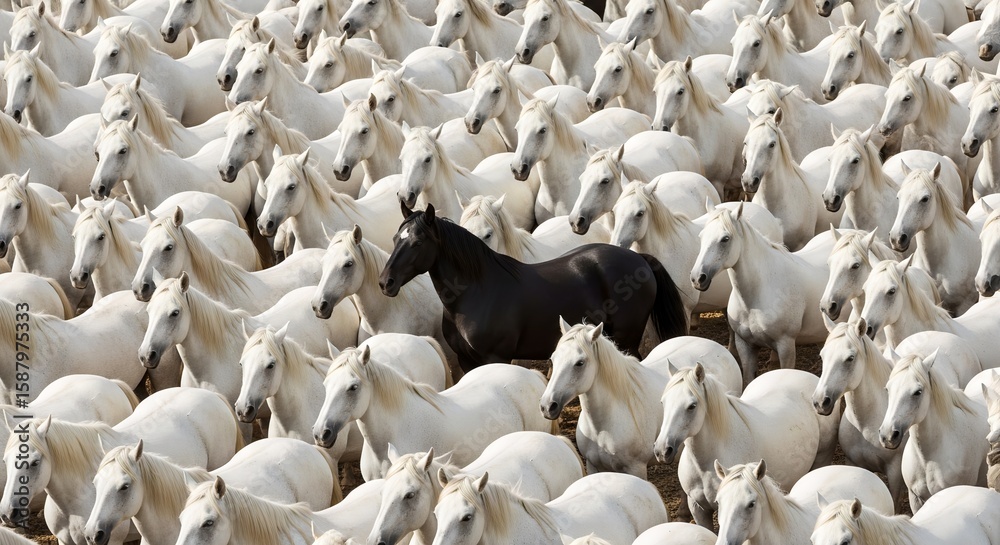 Fototapeta premium A single black horse amongst a large group of white horses in a crowded field of animals running wild