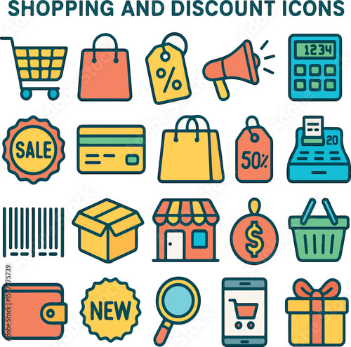 Colorful Shopping and Discount Vector Icons Set, Retail, Sale, Price Tag, Cart, E-Commerce Elements