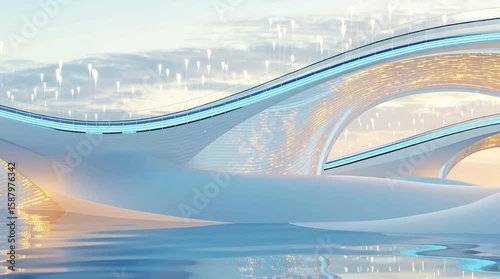 A serene landscape featuring abstract architectural forms seamlessly integrated with water, reflecting soft light and creating a tranquil atmosphere of harmony and innovation.