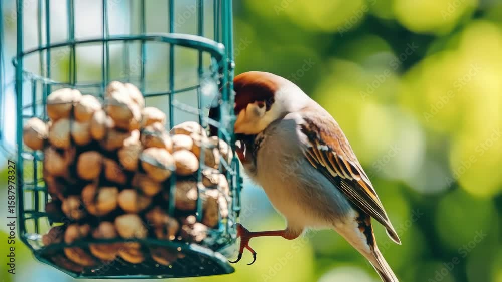 Goldfinch bird perched on bird feeder, pecking at nuts in a wire cage.