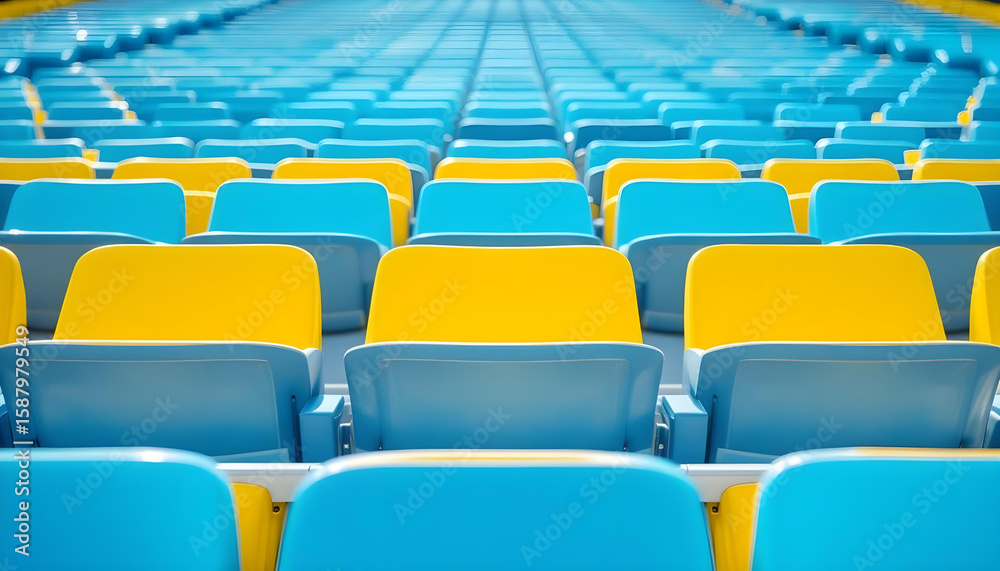 Naklejka premium Close-up symmetrical view of vibrant blue and yellow tennis court seating, emphasizing clean design and sunlight reflections. 