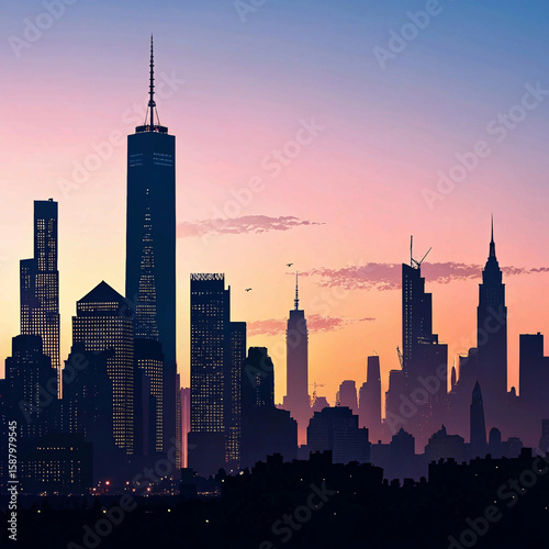 new york city skyline at sunset