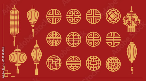Golden oriental elements on red - Chinese lanterns with various shapes, Japanese geometric circle patterns. Traditional Asian festival decorations - round lattice symbols for cultural celebrations.
