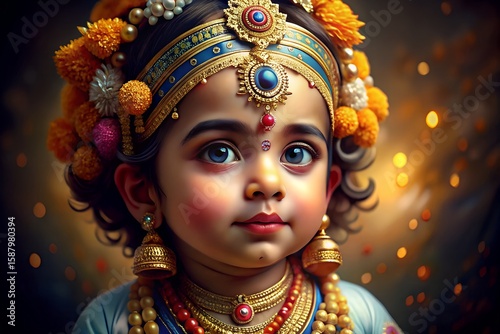Adorable child adorned in traditional indian jewelry and marigold flowers