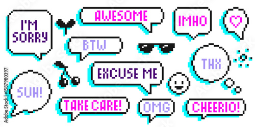 Pixel art speech bubble collection with trendy text phrases - retro gaming style chat balloons for digital messaging. Comic conversation elements, social media stickers. 8 bit communication graphics