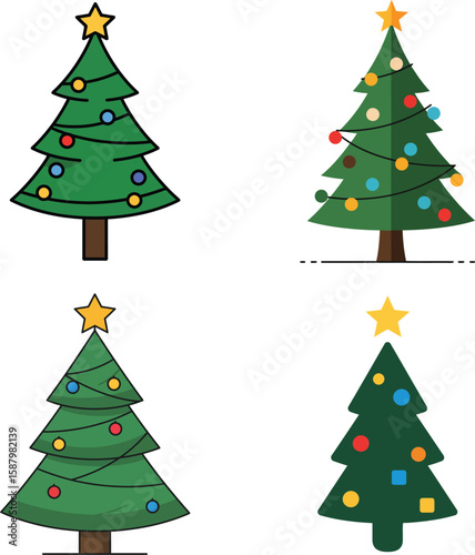 Four simple, stylized Christmas tree illustrations, decorated with ornaments and lights.