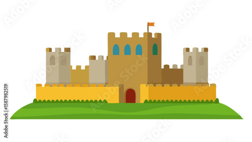 Illustration of a medieval castle with towers and flag on a green hill for games and graphic design use
