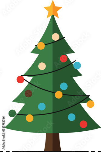 A festive Christmas tree adorned with colorful ornaments and a bright yellow star on top.