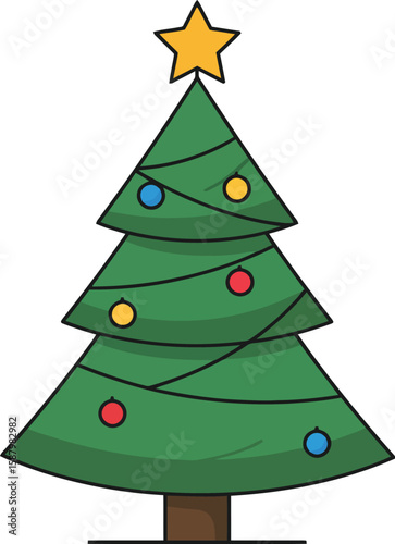 Cartoon illustration of a Christmas tree decorated with colorful ornaments and topped with a yellow star.