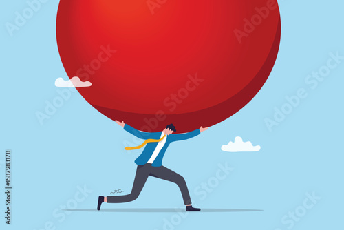 Work under pressure, heavy burden or problem, overworked with exhausted despair, responsibility challenge, failure fatigue, excess concept, tried businessman carrying huge heavy pressure burden.