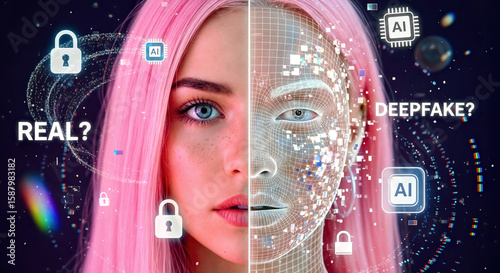One Side of Young Woman’s Face with Pink Hair is Real, Other is Digital Wireframe Mask, Collage with 