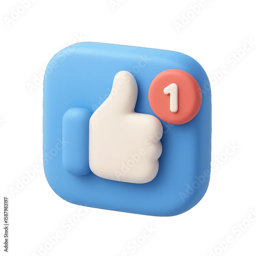 A 3D rendered thumbs-up icon with a notification showing one like.