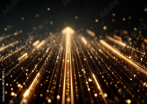 Golden particles flowing upwards creating light trails on dark background