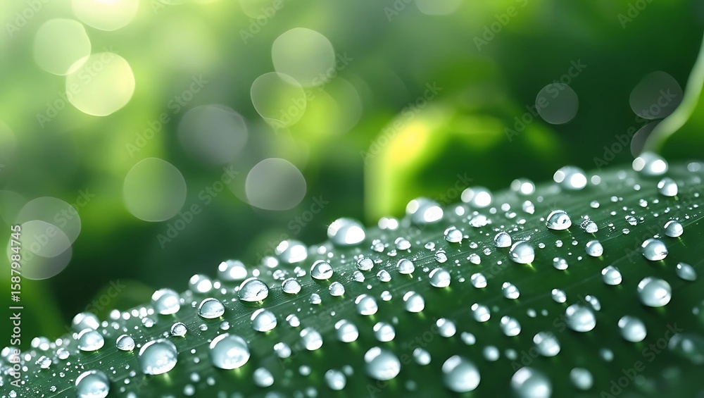 Close-up view of dew drops on a vibrant green leaf, bathed in soft sunlight. Close-up view of dew drops on a vibrant green leaf, bathed in soft sunlight.