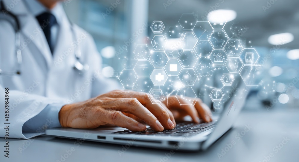 Doctor using laptop with healthcare technology icons overlay Doctor using laptop with healthcare technology icons overlay