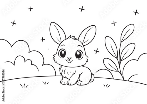 Adorable baby bunny sitting on a grassy meadow under the night sky with stars and bushes. A sweet and simple coloring page for kids. 