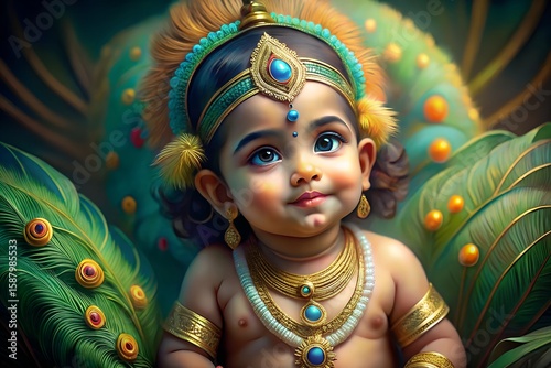 Adorable baby krishna adorned with peacock feathers and golden jewelry